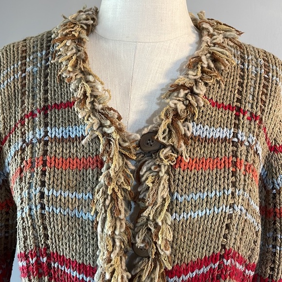 Susan Bristol vintage cable knit loop button down cardigan sweater yarn fringe M - Picture 3 of 10